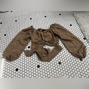 Japan Brown Leopard Print Puff Sleeve cropped Top w tie in back size medium
